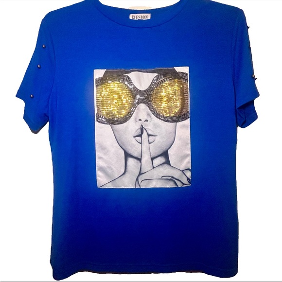 Pesion Women’s XL Royal Blue Graphic T-Shirt - Woman w/Gold Sequin Glasses - Picture 3 of 7